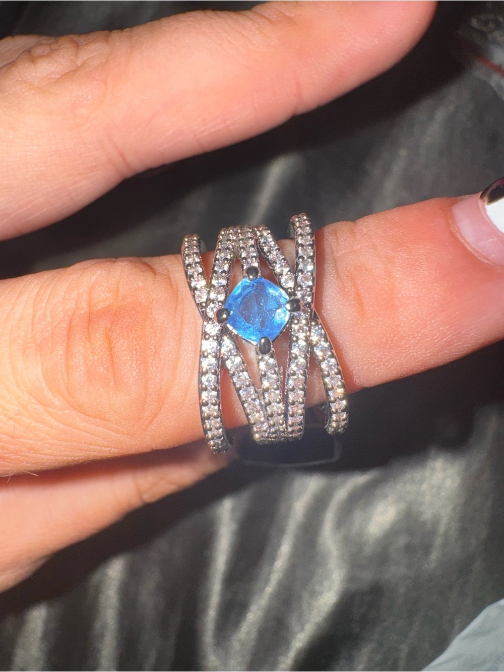Silver Multi-Band Ring with Blue Center Stone